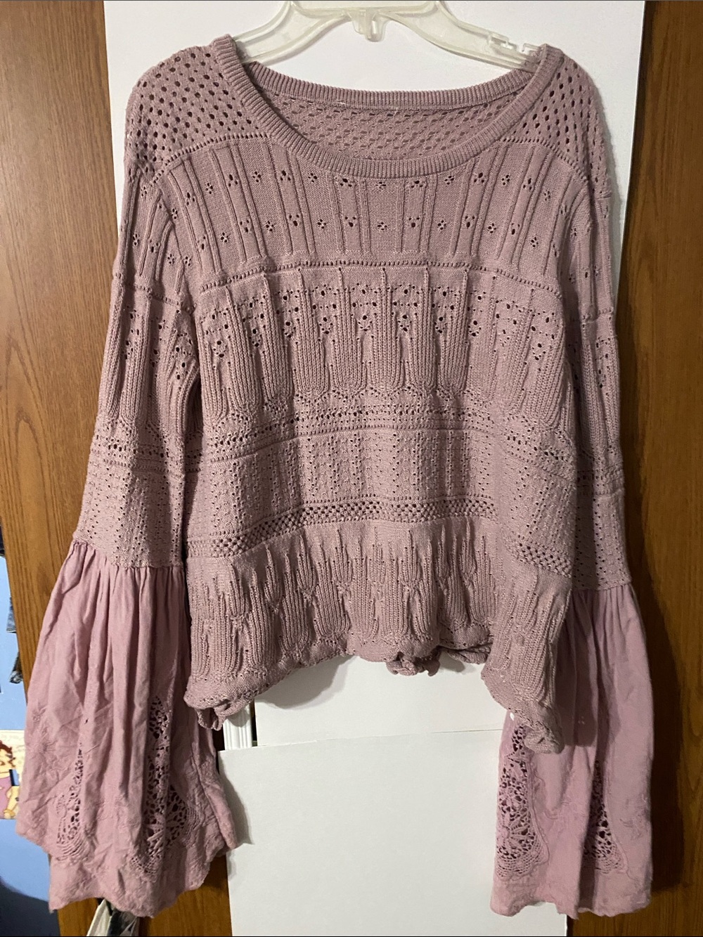 Dusty Rose Bell-Sleeve Knit Pullover Sweatshirt